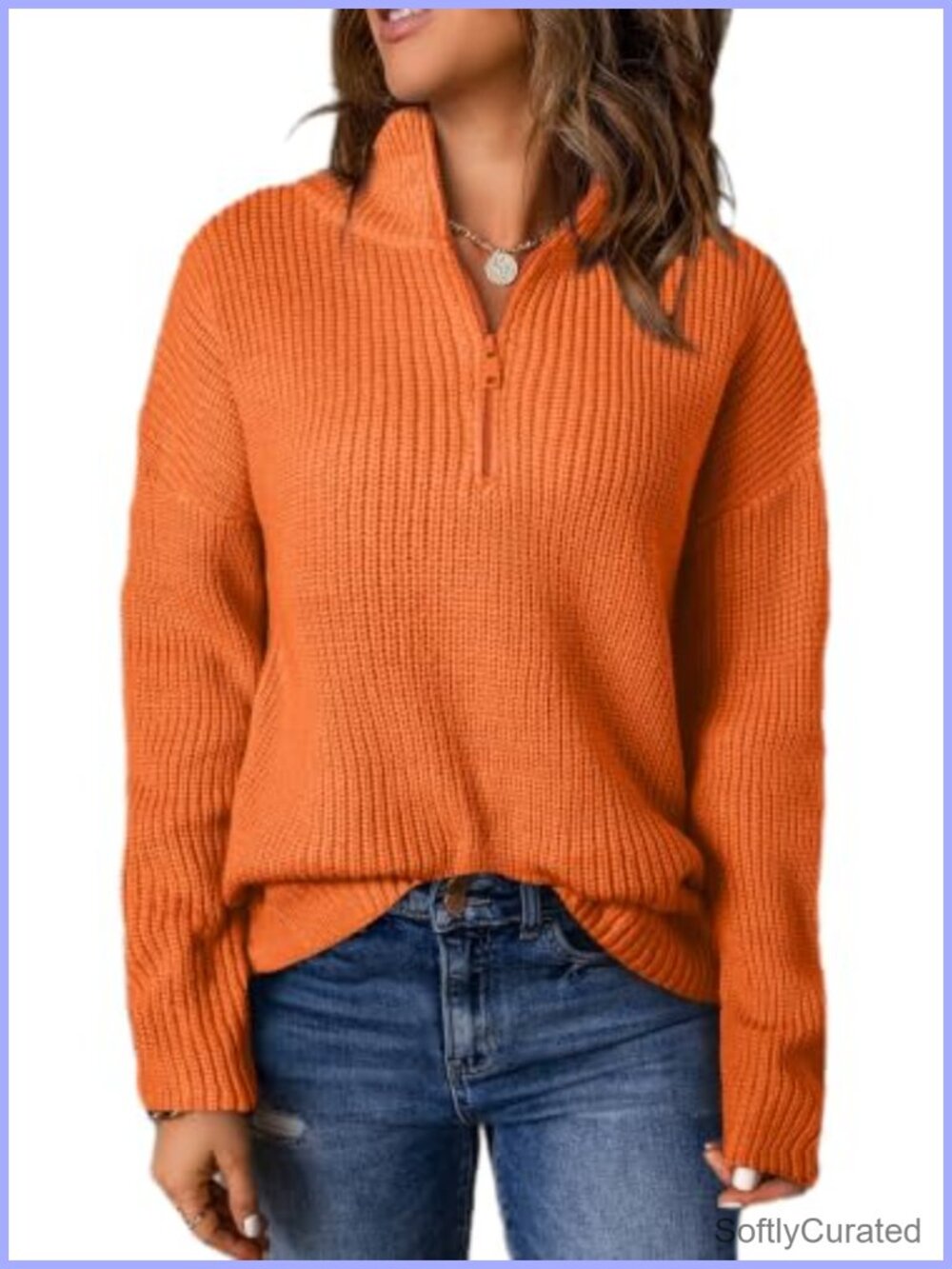 Womens Quarter Zip V Neck Pullover Sweater Long Sleeve Knit Top